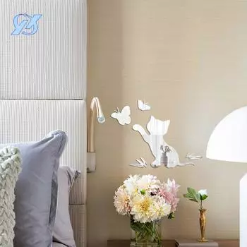 Милая кошка бабочка зеркальная наклейка 1 мм акриловая настенная наклейка для комнаты спальня настенное украшение