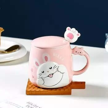 Милая кошка с крышкой и ложкой Керамическая чашка с изображением девушки из мультфильма, термостойкая кружка с привлекательным внешним видом и большой емкостью для воды 400ML