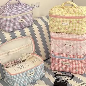 Милая косметичка из хлопка с бантом, женская косметичка на молнии, органайзер для косметики, женская тканевая сумочка в форме коробки, переносной туалетный футляр для девочек фиолетовый