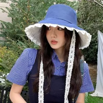 Милая ковбойская шляпа рыбака с большими полями, женская шляпа от солнца, элегантная кружевная лента, шляпа для леди синий