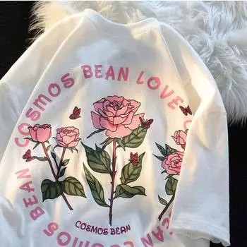 Милая крутая футболка с круглым вырезом и принтом розовых роз для мужчин и женщин из чистого хлопка, летняя модная тенденция, повседневный удобный топ с короткими рукавами для пар, Harajuku S белый