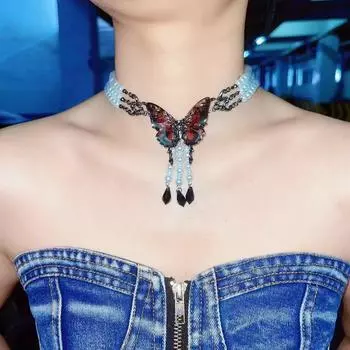 Милая, крутая, пикантная девушка, легкая роскошь, ретро-стиль, многослойный искусственный жемчуг, бабочка, ожерелье с кисточками, панк-личность, преувеличенные аксессуары 35cm