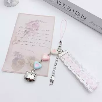 Милая кружевная лента для телефона, цепочка в виде милого кошачьего сердца, рыбьих костей, бусины, подвеска, чехол для наушников, подвесная веревка, украшение для сумки