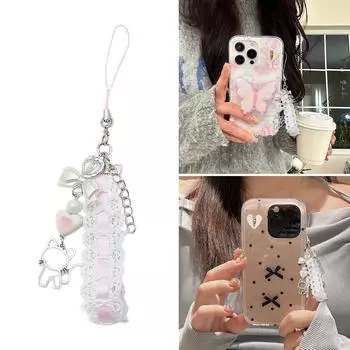 Милая кружевная лента, подвеска в виде кошки, милый ремешок для телефона, украшение на сумку, портативная подвеска, шнурок, подарок для девочек и женщин розовый