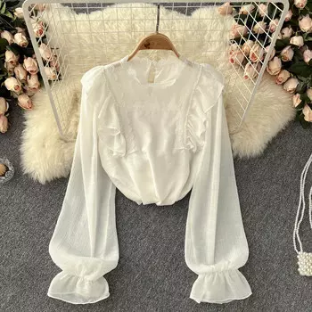 Милая кружевная облегающая шифоновая рубашка с рукавами-пузырьками в иностранном стиле и оборками из бисера, женское весеннее пальто