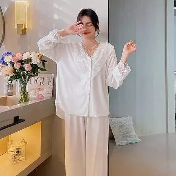 Милая кружевная отделка пижамы для женщин новый осень зима длинный рукав брючный костюм пижама для женщин свободный повседневный домашний комплект одежды M белый