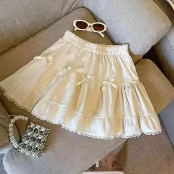 Милая кружевная юбка-бантик с бантом, женская плиссированная корейская юбка с высокой талией, шикарная пышная юбка, модная красивая стильная лоскутная однотонная студенческая юбка S чёрный