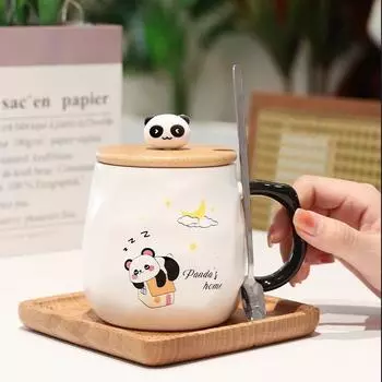 Милая кружка в виде панды, милые кружки, кофейные чашки, бесплатная доставка, полезная керамическая чашка с крышкой, ложка, персонализированные подарки, чашка для чая, посуда для напитков 380ml