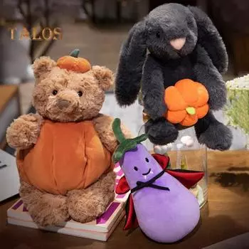 Милая кукла-медведь черного цвета с одеждой в виде тыквы, наушниками и плащом, плюшевая игрушка в виде баклажана, которую можно обнимать, праздничный подарок на Хэллоуин в виде сумки для сладостей или гадостей C