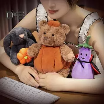 Милая кукла-медведь черного цвета с одеждой в виде тыквы, наушниками и плащом, плюшевая игрушка в виде баклажана, которую можно обнимать, праздничный подарок на Хэллоуин в виде сумки для сладостей или гадостей D