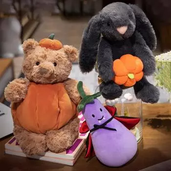 Милая кукла-медведь черного цвета с одеждой в виде тыквы, наушниками и плащом, фаршированная баклажаном C