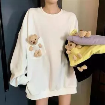 Милая кукла-медведь, женская толстовка с длинными рукавами, однотонный простой универсальный пуловер, корейский свободный топ с круглым вырезом и карманом M чёрный