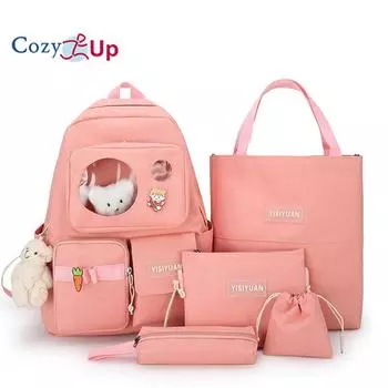 Милая кукла-мишка, школьный рюкзак для школьников средней школы, рюкзак из 5 предметов 31x43x14cm розовый
