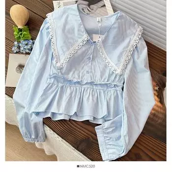 Милая кукольная рубашка с кружевной каймой и оборками по краям, женская блузка с рукавами-фонариками, повседневный универсальный топ на каждый день One Size