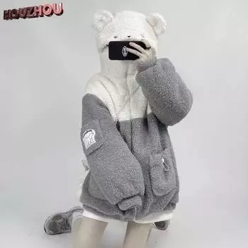 Милая куртка с медведем, японская женская новая осенне-зимняя утолщенная куртка на молнии с капюшоном, милое модное теплое пальто для молодых девушек S