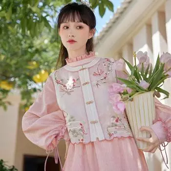 Милая леди в китайском стиле с элементами хань, нерегулярный жилет, комплект платья S розовый