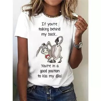 Летняя футболка из хлопка с милым принтом животных и букв, повседневный топ с коротким рукавом и круглым вырезом, женская одежда S белый