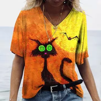 Милая летняя одежда, футболки с v-образным вырезом и короткими рукавами, футболка больших размеров, топы с 3d принтом животных, повседневная пуловерная футболка, женская одежда 4XL