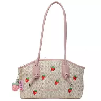 Милая летняя соломенная сумка цвета клубники, пляжная сумка на плечо с молнией, сумка под мышкой, дорожная сумка для отдыха для женщин и девочек зелёный