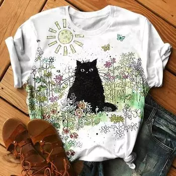Милая маленькая черная кошечка с изображением 3D цифровой печати, свободная женская летняя футболка с короткими рукавами и круглым вырезом S