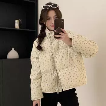 Милая маленькая цветочная куртка-стойка с воротником-стойкой, женская, 2024, новая модная свободная куртка-хлеб, короткое пальто S