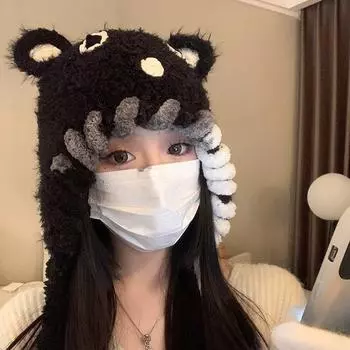 Милая маленькая мышка, связанная вручную, женская осенне-зимняя теплая шапка Lei Feng с изображением лица, японская универсальная странная шапка M56-58cm