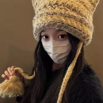 Милая маленькая шапка-ушанка женская 2024 зимняя теплая полосатая шапка-ушанка осенняя вязаная шерстяная шапка большая окружность головы One Size жёлтый