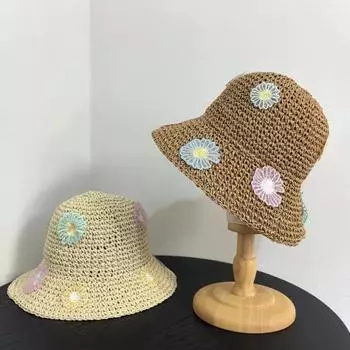 Милая маленькая соломенная шляпа с цветком, большой карниз, приморский козырек от солнца, пляжный солнцезащитный крем, маленькая свежая шляпа-ведро, модная, универсальная, летняя, милая M56-58cm бежевый