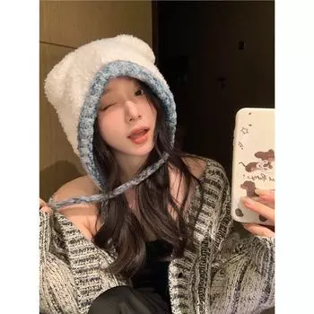 Милая маленькая защитная шапка-ушанка для женщин на осень и зиму, плюшевая шапка с защитой от холода, большая окружность головы, милая шерстяная шапка one size белый