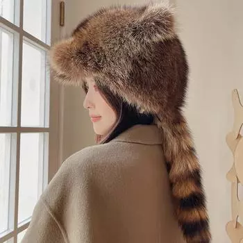 Милая меховая шапка с кошачьими ушками, зимняя теплая шапка из меха енота, мультяшный маленький хвост, настоящая меховая шапка One size