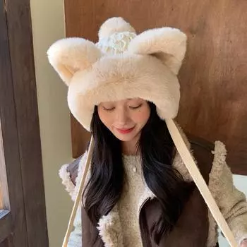 Милая меховая шапка с медвежьими ушками — зимнее тепло для девочек и женщин — идеально подходит для шопинга и приключений на свежем воздухе one size