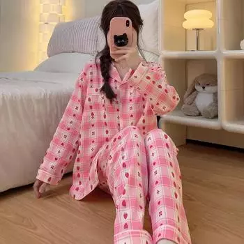 Милая милая девушка розовая клетчатая пижама с пуговицами для женщин с принтом клубники пижамы для женщин осень-зима новая пижама M бежевый