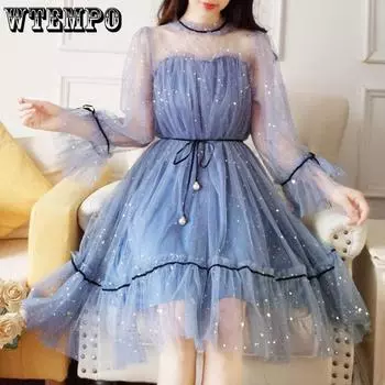 Милая милая девушка, звезда, жемчуг, бант, сказочная вуаль, рюши, расклешенные рукава, студенческая свадьба, вечеринка подружки невесты L синий