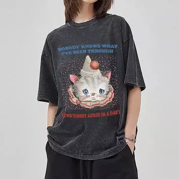 Милая милая кошачья футболка с принтом для женщин, свободная, с коротким рукавом, для пар, Y2k, для студентов, доступный топ, высокое качество S