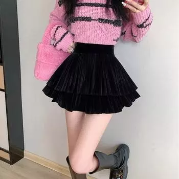 Милая мини-юбка для женщин, однотонная бархатная юбка с высокой талией, шорты, осень-зима, корейская модная винтажная одежда, женская S чёрный