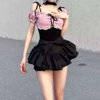 Милая мини-юбка с бантом для женщин, большие размеры, летние шорты трапециевидной формы с высокой талией и рюшами, юбка с эластичной резинкой на талии, милая одежда черного цвета S чёрный