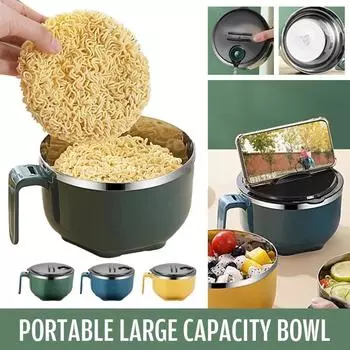 Милая миска для лапши быстрого приготовления из нержавеющей стали с крышкой, 1000 мл, миска с ручкой, кавайный суп, хлопья, устойчивые к ожогам, студенческое общежитие 1000ML 201