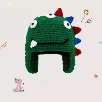 Милая мягкая мультяшная шапка с динозавром из шерсти для женщин на осень и зиму, теплая, веселая, универсальная вязаная шапка с ушками M56-58cm