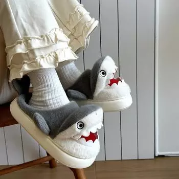 Милая мультяшная акула, пара тапочек, хлопковые тапочки для женщин, для дома, зимнее тепло, толстая подошва, нескользящие плюшевые тапочки 36-37 бежевый