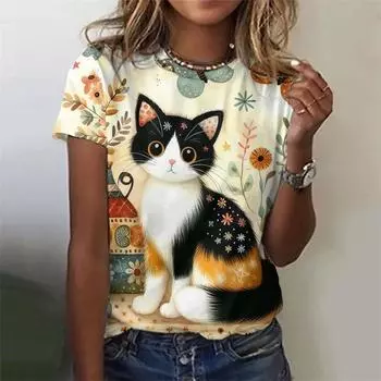 Милая мультяшная футболка с 3D-принтом «Кот», футболка с рисунком цветов, растений и животных, повседневная летняя свободная футболка XS