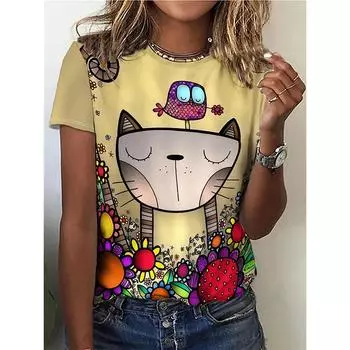 Милая мультяшная футболка с рисунком кота Женская забавная повседневная 3D-принт с котами Harajuku Street Футболки Летняя повседневная мода Мужские футболки Топ S