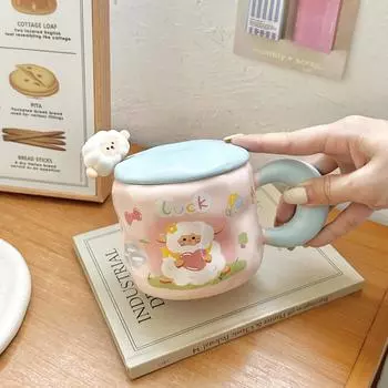 Милая мультяшная керамическая кружка с ягненком, подарок на день рождения, кружка для девочки с крышкой, парная, для девочки, высокая ценность, чашка для воды 401-500ml