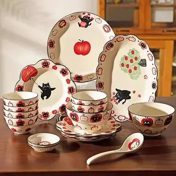 Милая мультяшная керамическая тарелка Креативные тарелки для салата с фруктами и котом Изысканная вечеринка Послеобеденный чай Домашняя посуда Ресторан Рамен Миски
