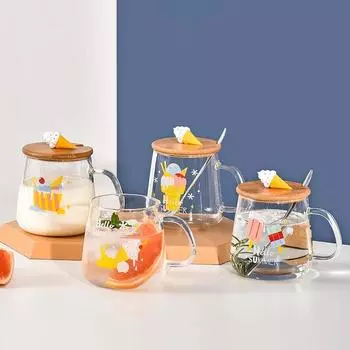 Милая мультяшная кружка из боросиликатного стекла, креативная большая кружка с крышкой, устойчивая к высоким температурам, прозрачная кружка для воды 450ml