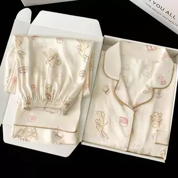 Милая мультяшная маленькая женская пижама с милым принтом из искусственного шелка, домашняя одежда, осень, 2 шт., для отдыха M