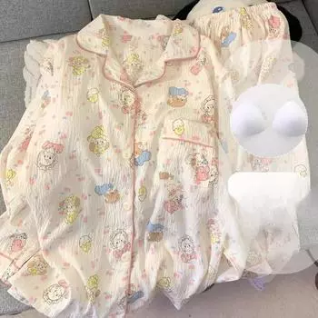 Милая мультяшная пижама для женщин, мягкий хлопковый пижамный комплект с длинным рукавом, кардиган, брюки, комплект из 2 предметов, домашний костюм, наряды M