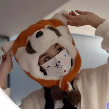 Милая мультяшная плюшевая шапка с хвостом енота для женщин, теплая и холодная, для защиты ушей, пуловер, шапка-пуловер M56-58cm оранжевый