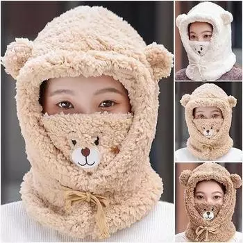 Милая мультяшная шапка с медвежьими ушками, зимние теплые флисовые плюшевые шарфы, шапки с маской, толстая шапка с овечьей шапкой, шапочки с черепами, шапки для женщин и девочек кофейный