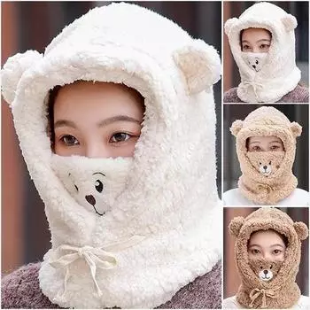 Милая мультяшная шапка с медвежьими ушками, зимние теплые флисовые плюшевые шарфы, шапки с маской, толстая шапка с овечьей шапкой, шапочки с черепами, шапки для женщин и девочек кофейный