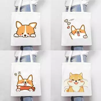 Милая мультяшная собака Холщовая женская сумка-тоут Harajuku Большая вместительная сумка для покупок Легкая сумка через плечо Эко-сумки для девочек 35x40cm